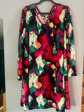 AusLook Plus Size Crisscross Long Sleeve A-Line Swing Dress Pockets Abstract